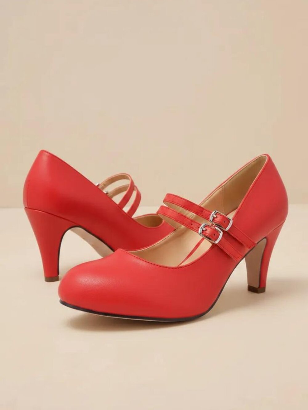 Women’s Double Strap Mary Jane Heels – Retro Round Toe Pumps - Picture 3 of 6